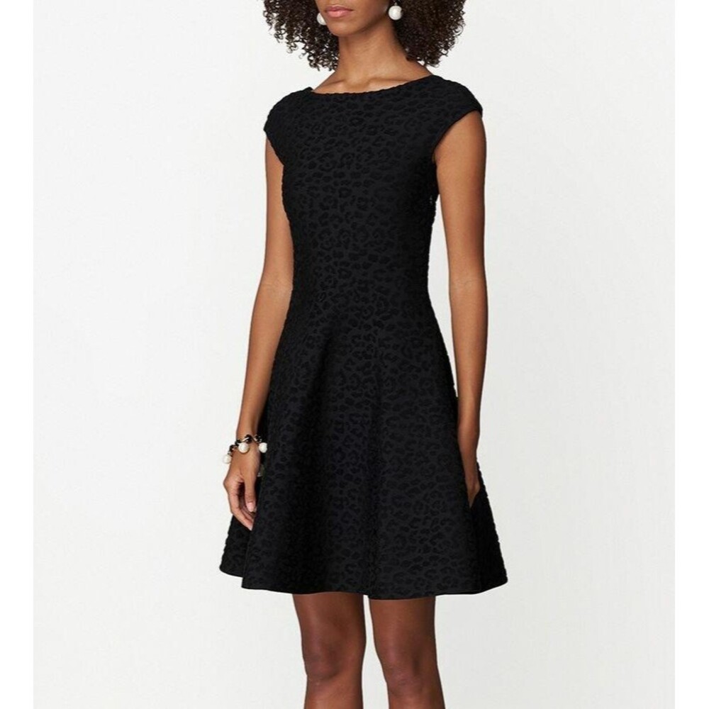 $2290 Carolina Herrera Black Leopard Jacquard Cap Sleeve Dress Sz S